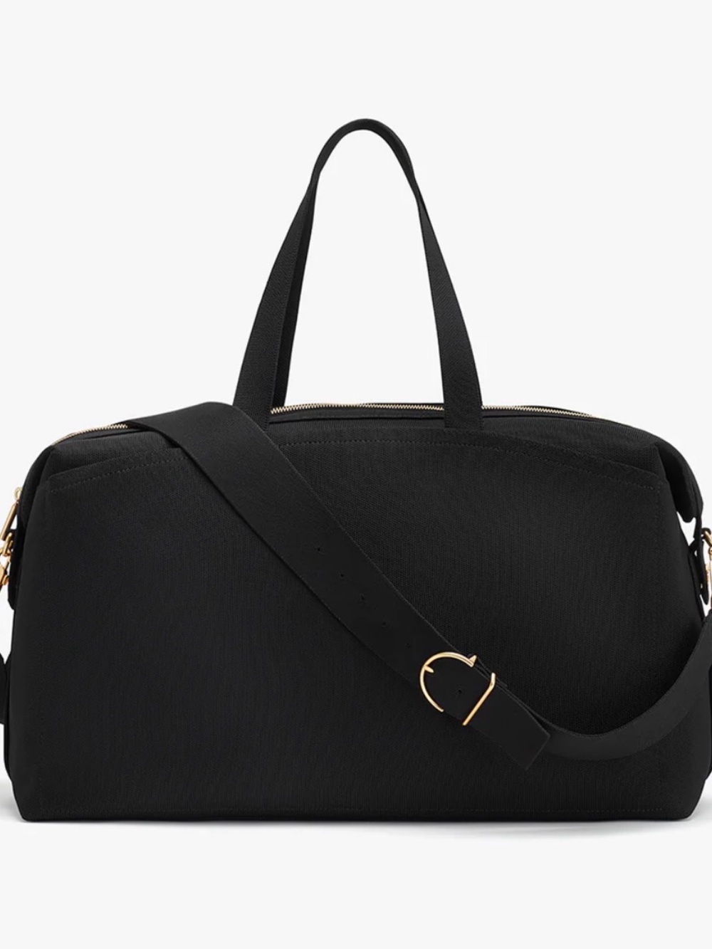 Cuyana Black Canvas weekender travel bag with Gold Hardware